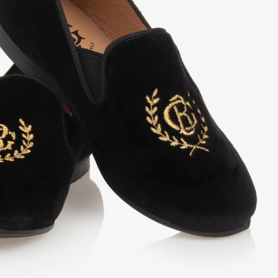 Beatrice amp; George Boys Black Velvet Monogram Loafers Outlet