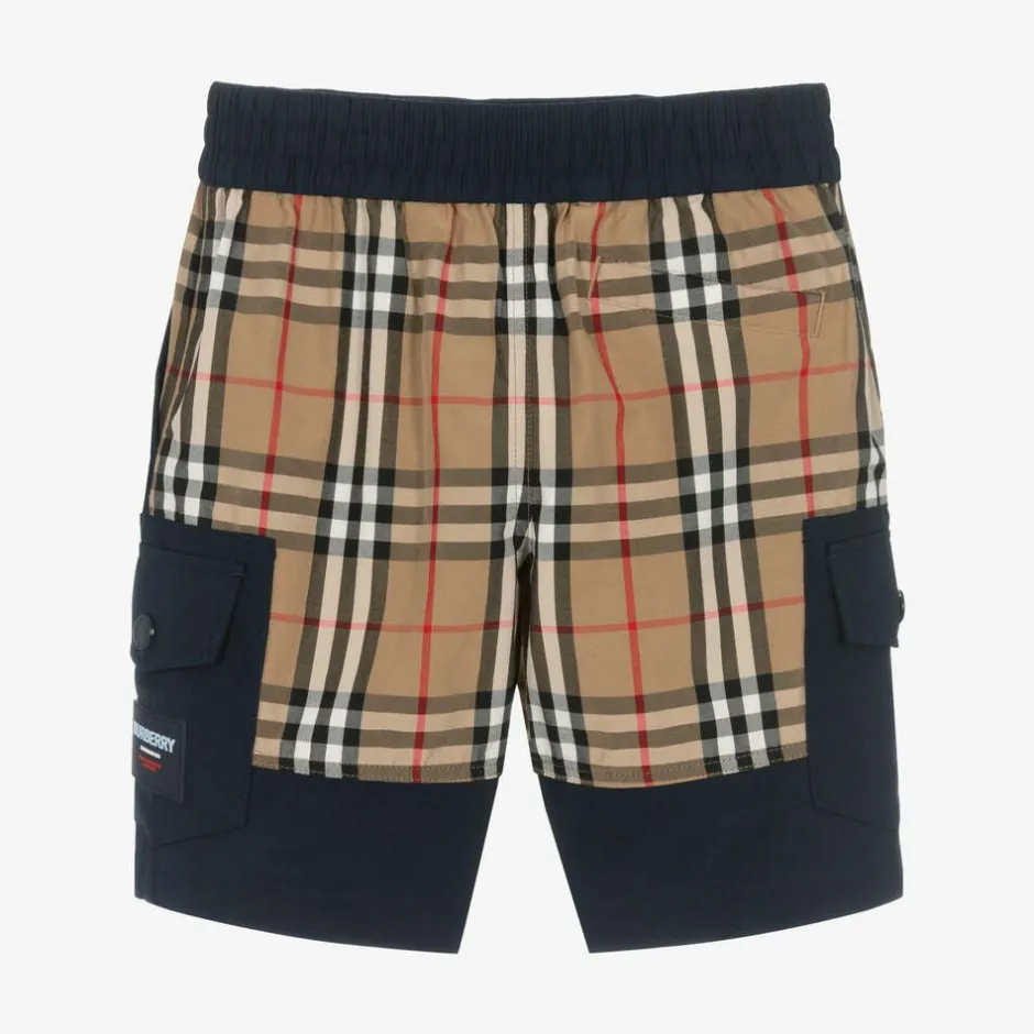 Burberry Boys Blue & Beige Check Cargo Shorts Hot