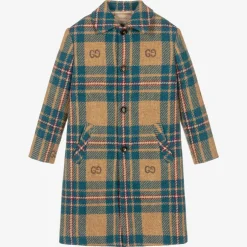 Gucci Boys Blue & Beige GG Check Wool Coat Clearance
