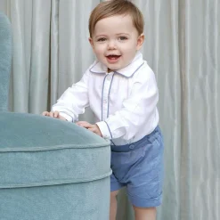 Rachel Riley Boys Blue & Ivory Cotton Buster Suit Best