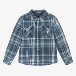 Guess Boys Blue Check Cotton Twill Shirt Discount