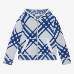Burberry Boys Blue Check Wool Zip-Up Hoodie SaltCheck Clearance