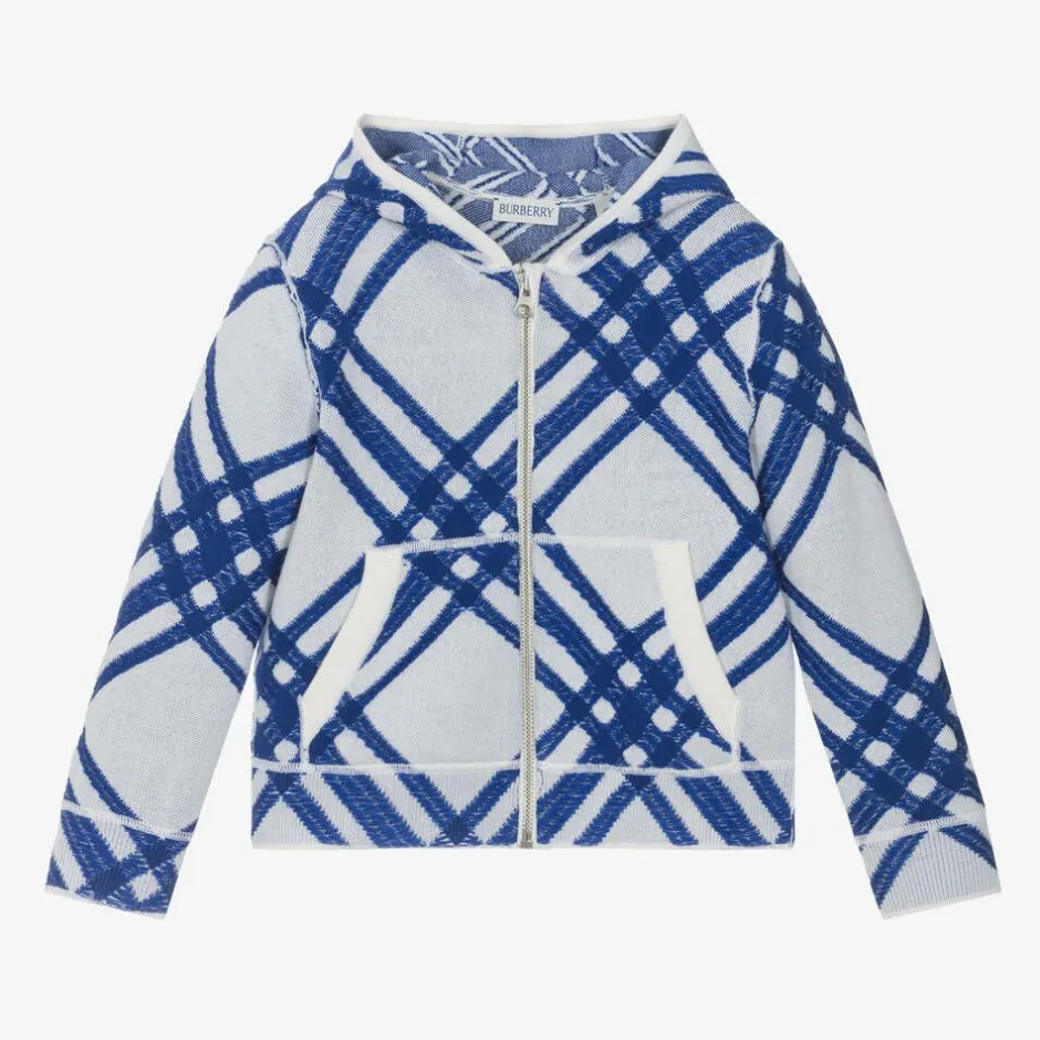 Burberry Boys Blue Check Wool Zip-Up Hoodie SaltCheck Clearance
