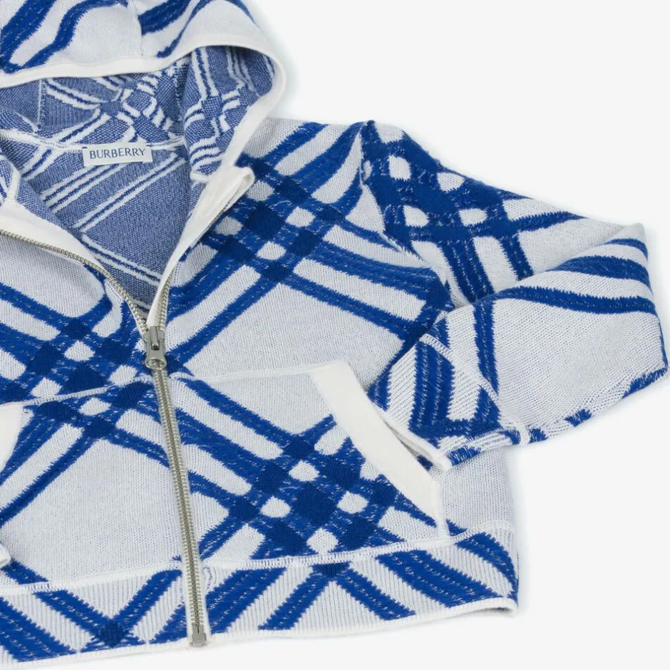 Burberry Boys Blue Check Wool Zip-Up Hoodie SaltCheck Clearance