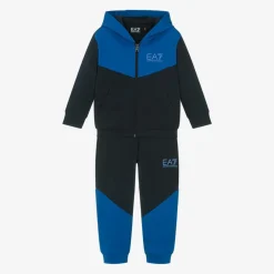 EA7 Emporio Armani Boys Blue Cotton Colourblock Tracksuit Clearance