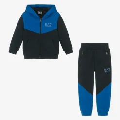 EA7 Emporio Armani Boys Blue Cotton Colourblock Tracksuit Clearance