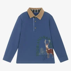 Lapin House Boys Blue Cotton Deer Print Polo Shirt Hot