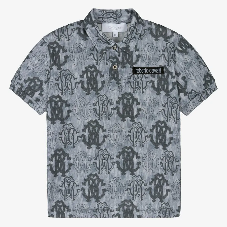 Roberto Cavalli Boys Blue Cotton Monogram Polo Shirt Hot