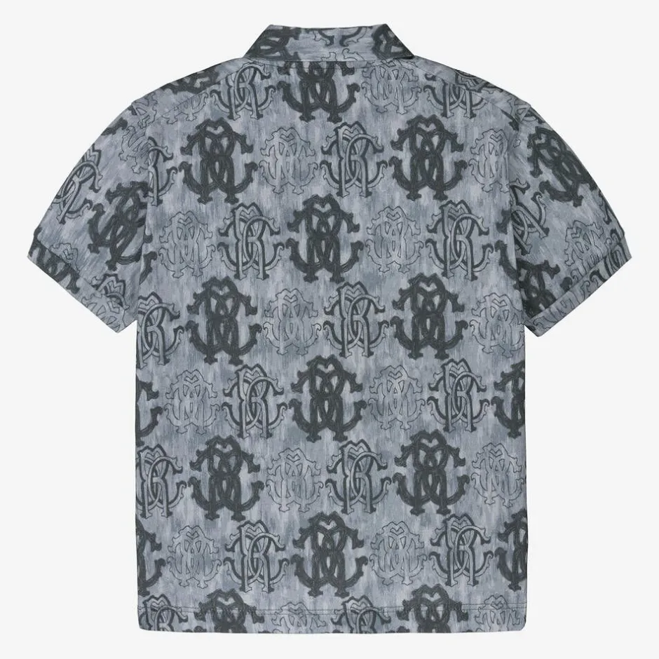 Roberto Cavalli Boys Blue Cotton Monogram Polo Shirt Hot