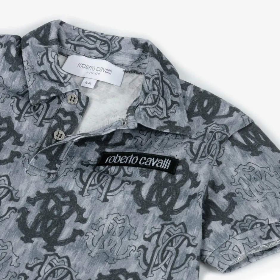 Roberto Cavalli Boys Blue Cotton Monogram Polo Shirt Hot