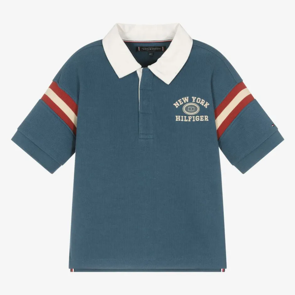 Tommy Hilfiger Boys Blue Cotton Varsity Logo Rugby Shirt Hot