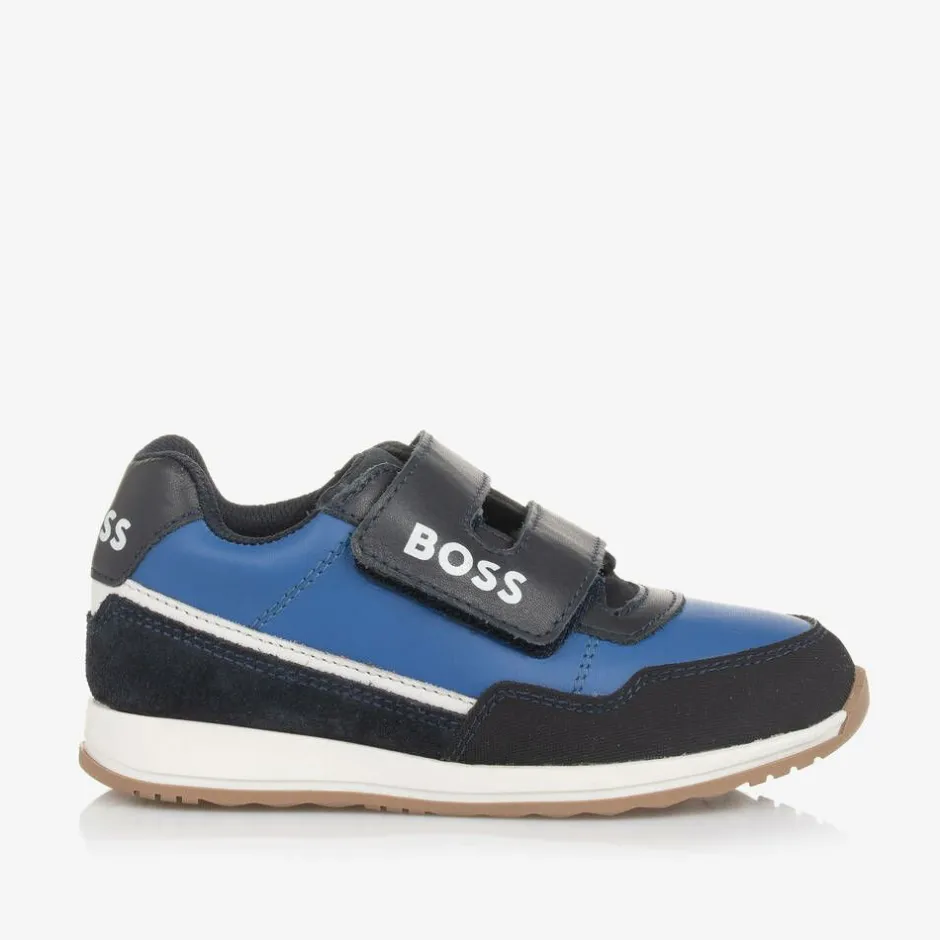 BOSS Boys Blue Leather Velcro Trainers Online