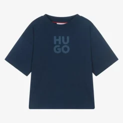 HUGO Boys Blue Organic Cotton Stacked Logo T-Shirt Clearance