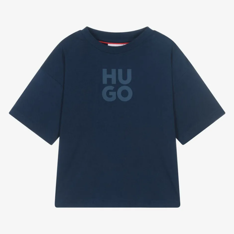 HUGO Boys Blue Organic Cotton Stacked Logo T-Shirt Clearance