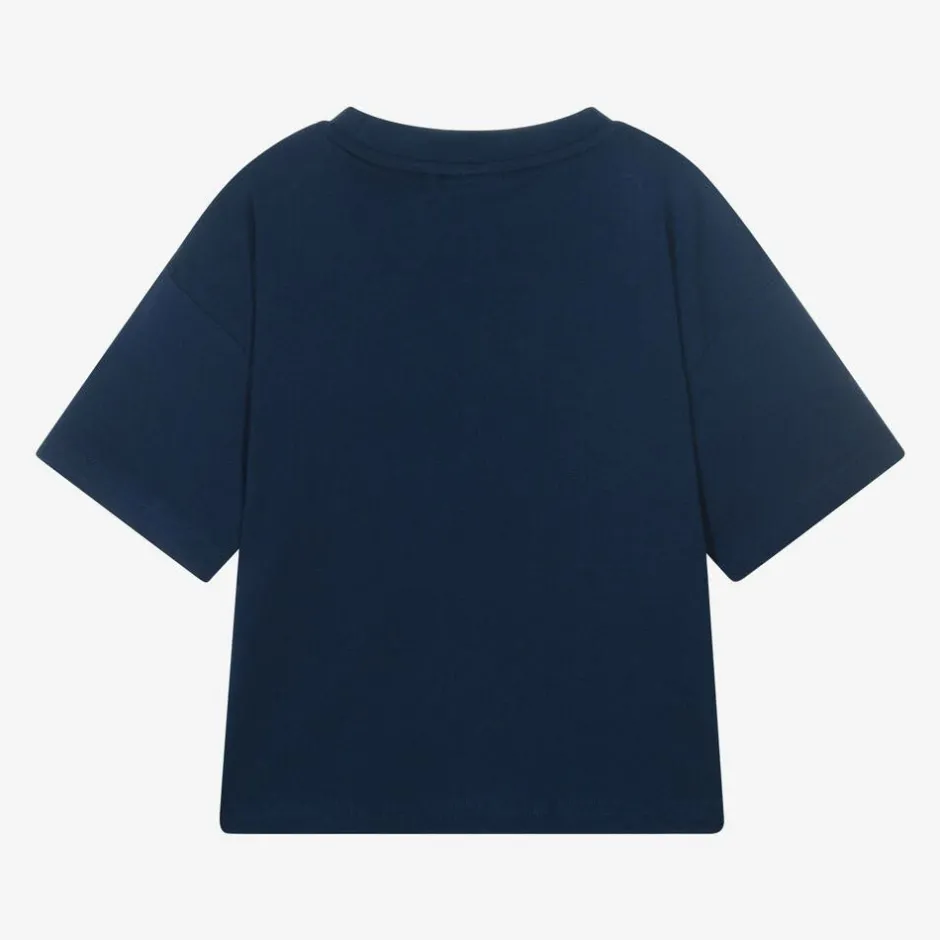 HUGO Boys Blue Organic Cotton Stacked Logo T-Shirt Clearance