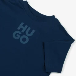 HUGO Boys Blue Organic Cotton Stacked Logo T-Shirt Clearance
