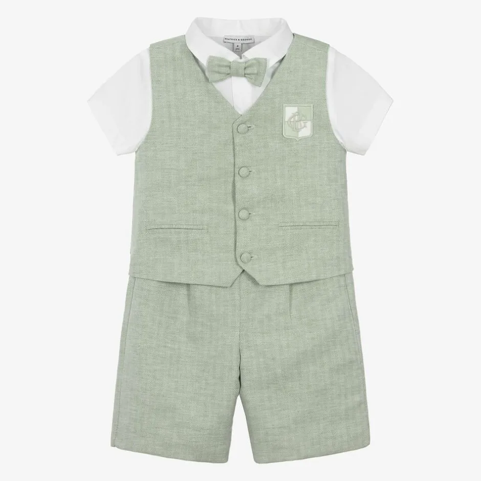 Beatrice amp; George Boys Green Cotton & Linen Waistcoat Suit Discount