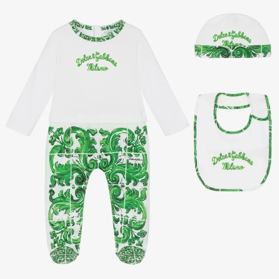 Dolce amp; Gabbana Boys Green Majolica Cotton Babysuit Set New