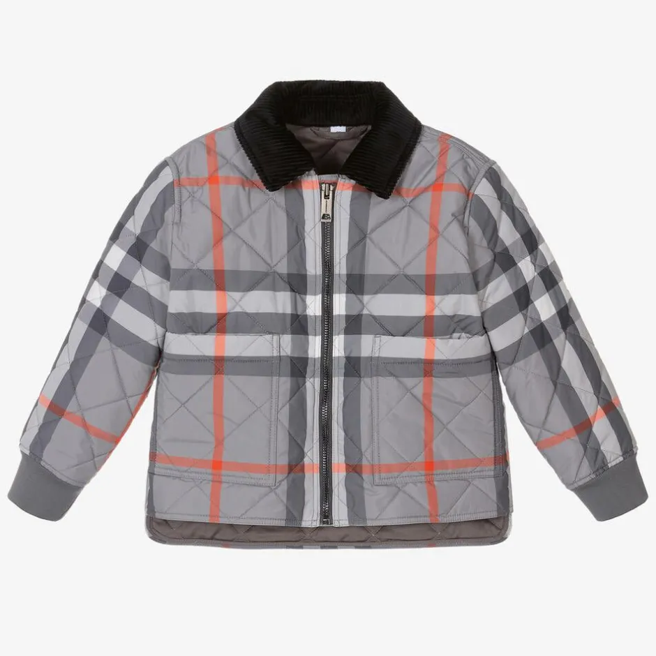 Burberry Boys Grey Oversized Check Quilted Jacket Hot