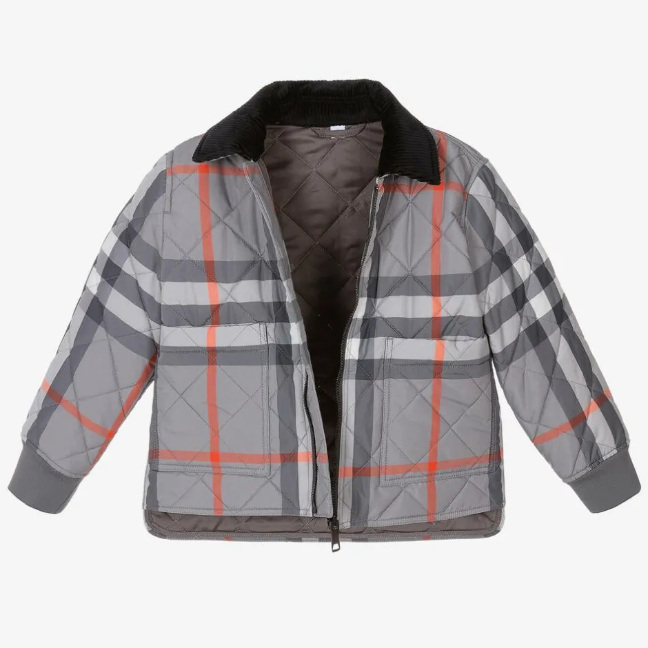 Burberry Boys Grey Oversized Check Quilted Jacket Hot