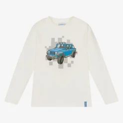 Mayoral Boys Ivory Cotton Blue Car Print Top Hot
