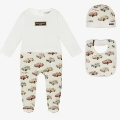 Dolce amp; Gabbana Boys Ivory Cotton Cars Babysuit Gift Set Clearance