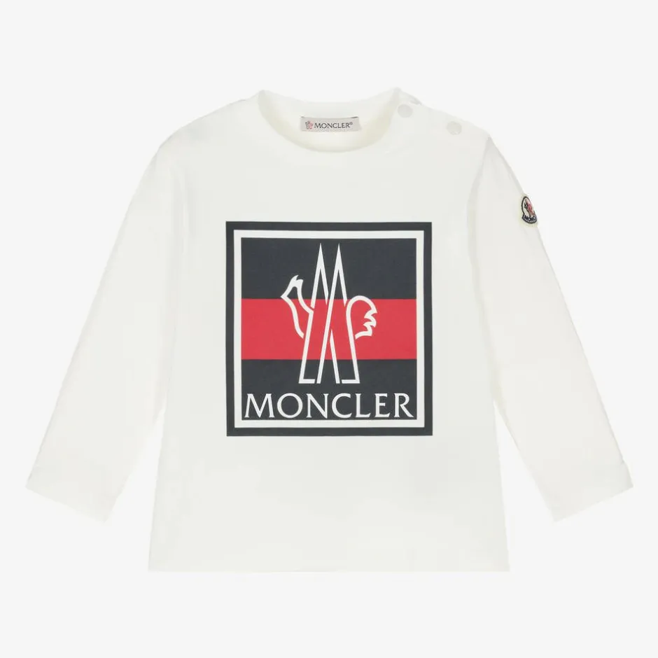 Moncler Enfant Boys Ivory Cotton Tricolour Logo Top Best