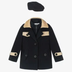 Beau KiD Boys Navy Blue & Beige Coat & Hat Set New