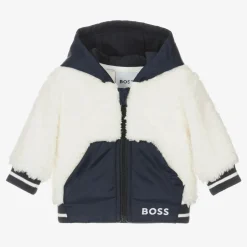 BOSS Boys Navy Blue & White Faux Fur Jacket Hot