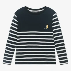 Week-end à la mer Boys Navy Blue & White Striped Cotton Top Clearance