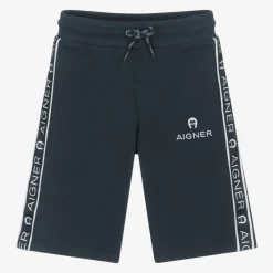 AIGNER Boys Navy Blue Cotton Logo Tape Shorts Discount