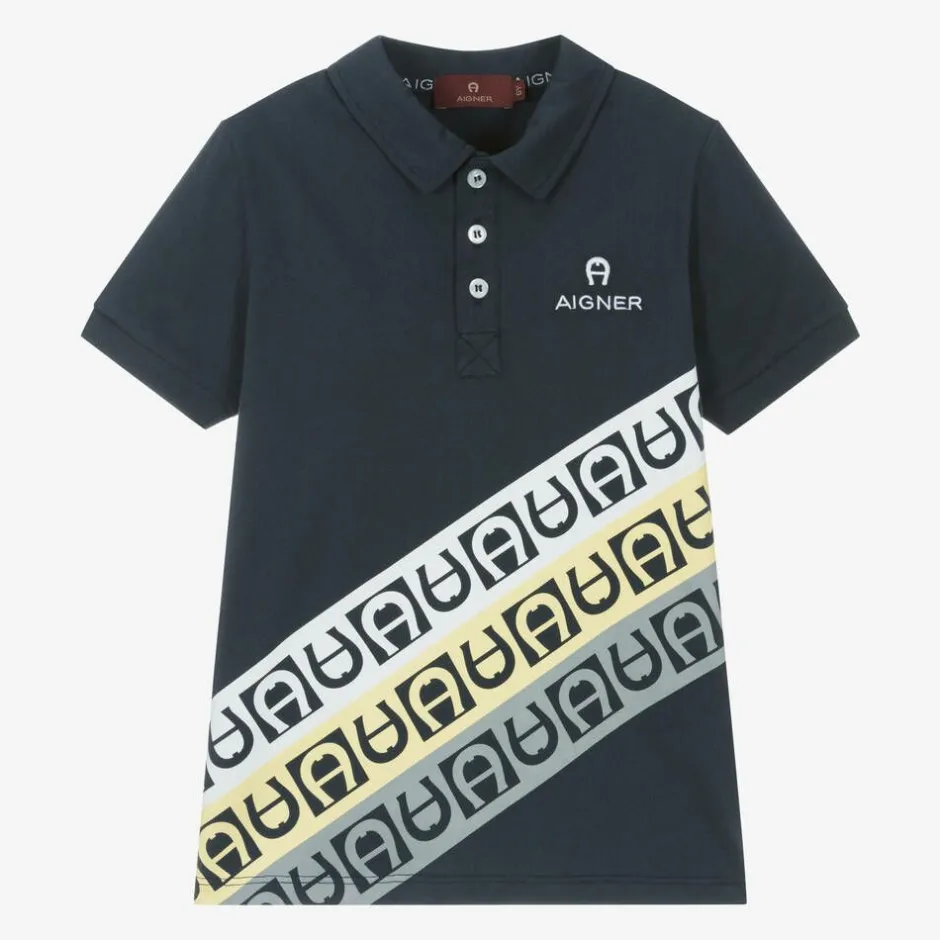 AIGNER Boys Navy Blue Cotton Polo Shirt New