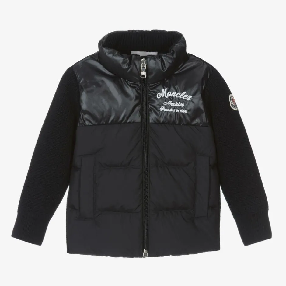 Moncler Enfant Boys Navy Blue Down Padded Knit Cardigan Discount
