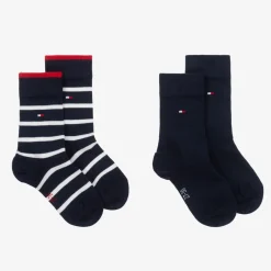 Tommy Hilfiger Boys Navy Blue Striped Cotton Socks (2 Pack) Outlet