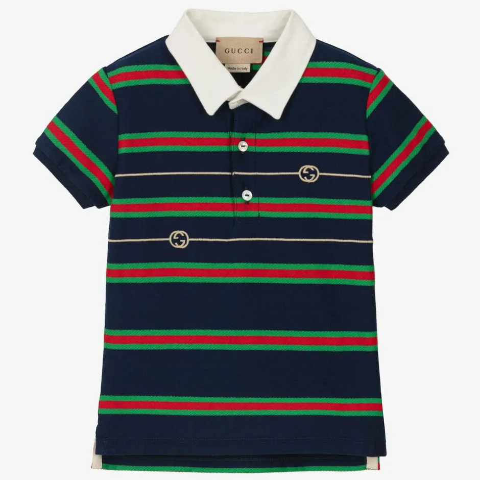 Gucci Boys Navy Blue Striped Web Polo Shirt Sale