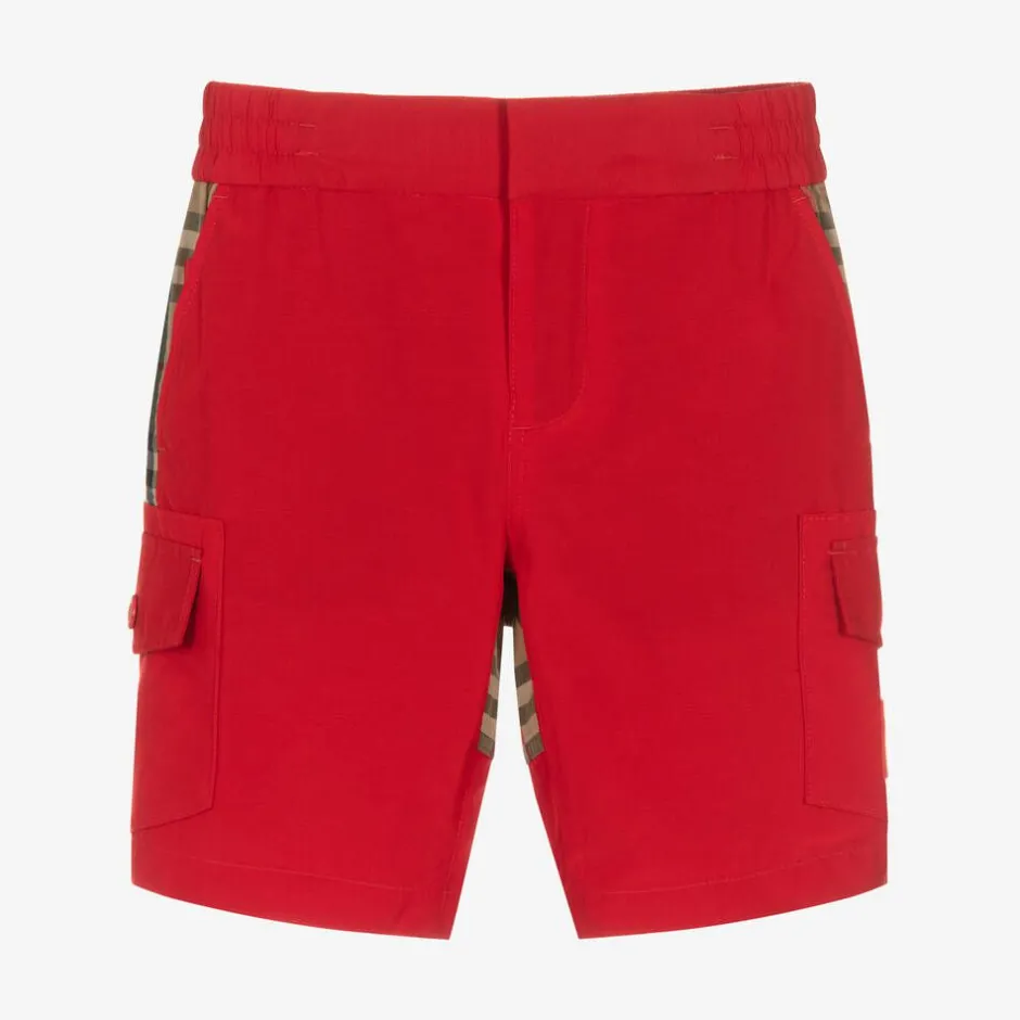 Burberry Boys Red & Beige Check Cargo Shorts Outlet