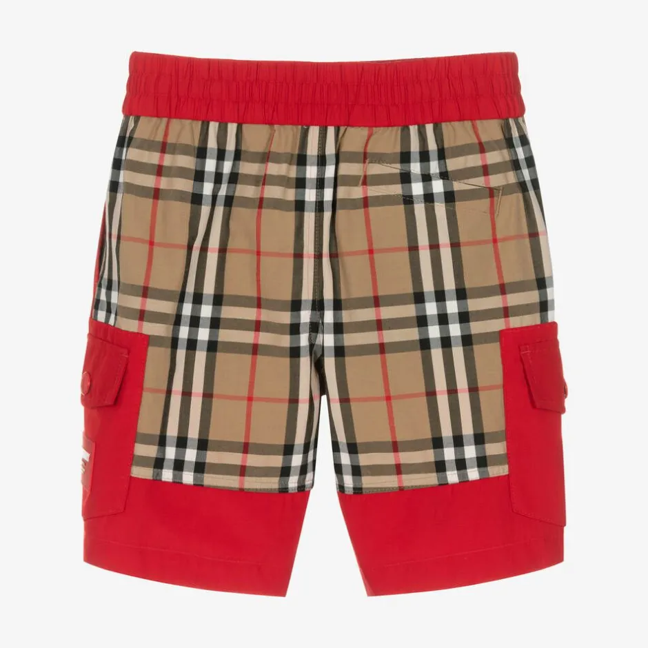 Burberry Boys Red & Beige Check Cargo Shorts Outlet