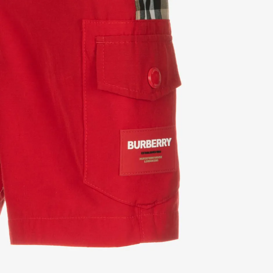 Burberry Boys Red & Beige Check Cargo Shorts Outlet