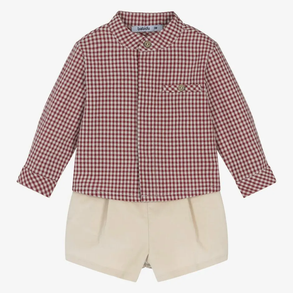 Babidu Boys Red Gingham & Beige Cotton Shorts Set Best