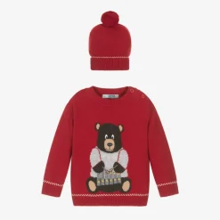 Dr. Kid Boys Red Knitted Bear Sweater & Hat Set New