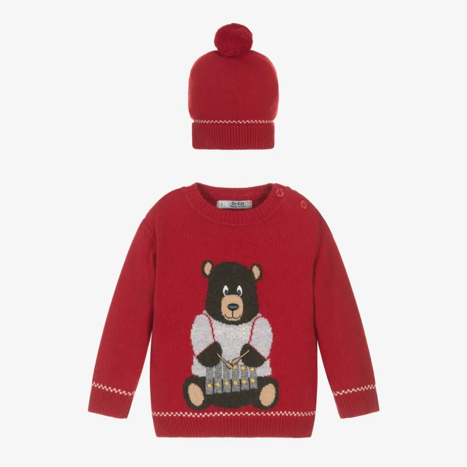 Dr. Kid Boys Red Knitted Bear Sweater & Hat Set New