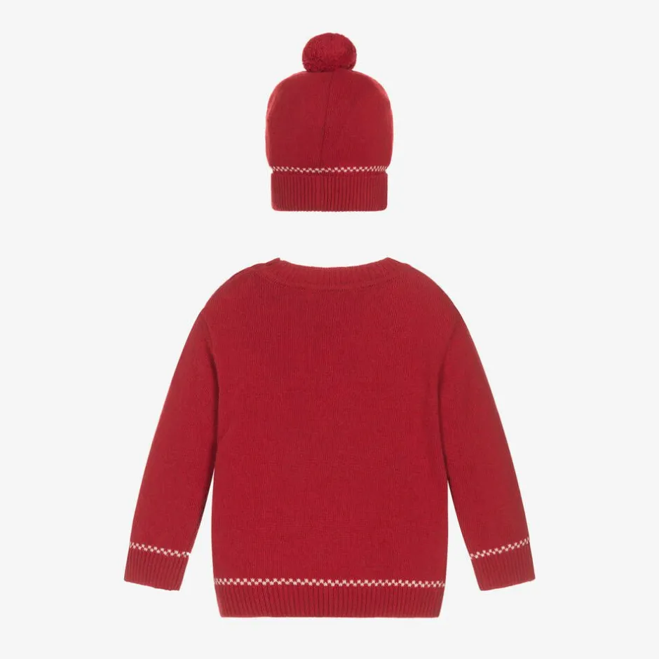 Dr. Kid Boys Red Knitted Bear Sweater & Hat Set New
