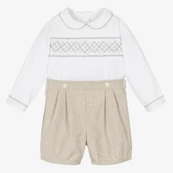 Kidiwi Boys White & Beige Cotton Buster Suit Hot
