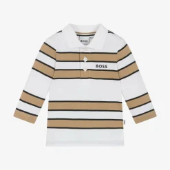 BOSS Boys White & Beige Striped Cotton Polo Shirt Online