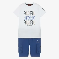 AIGNER Boys White & Blue Cotton Shorts Set Clearance