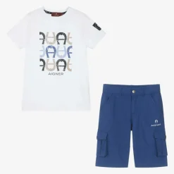 AIGNER Boys White & Blue Cotton Shorts Set Clearance