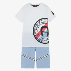 AIGNER Boys White & Blue Cotton Shorts Set Outlet