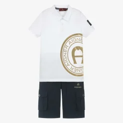 AIGNER Boys White & Blue Cotton Shorts Set Sale