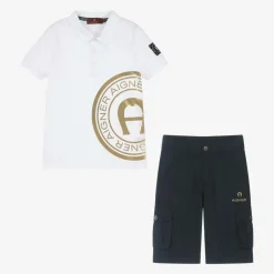 AIGNER Boys White & Blue Cotton Shorts Set Sale
