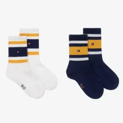 Tommy Hilfiger Boys White & Blue Striped Cotton Socks (2 Pack) Clearance